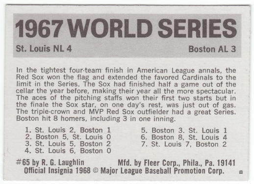 1971 Fleer 1967 World Series Card #65 back