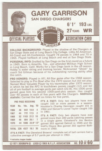 1971 Kelloggs Football #10 Gary Garrison back