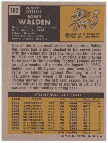 1971 Topps Football #102 Bobby Walden