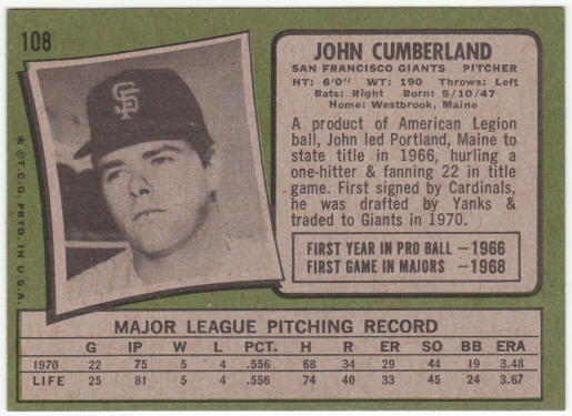 1971 Topps Baseball #108 John Cumberland
