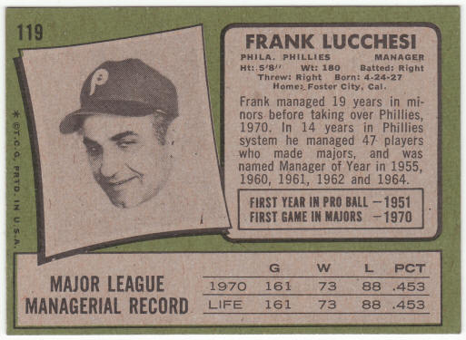 1971 Topps Baseball #119 Frank Lucchesi MG