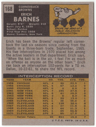 1971 Topps Football #168 Erich Barnes