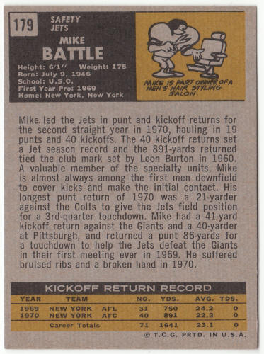 1971 Topps Football #179 Mike Battle Rookie Card