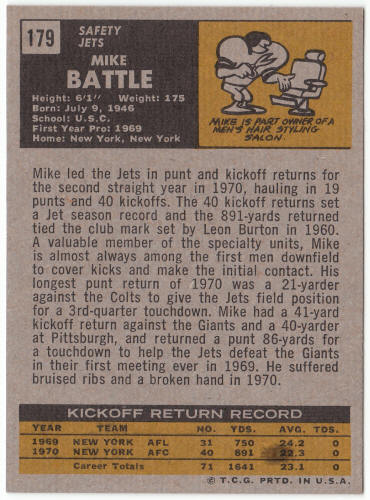 1971 Topps Football #179 Mike Battle Rookie Card