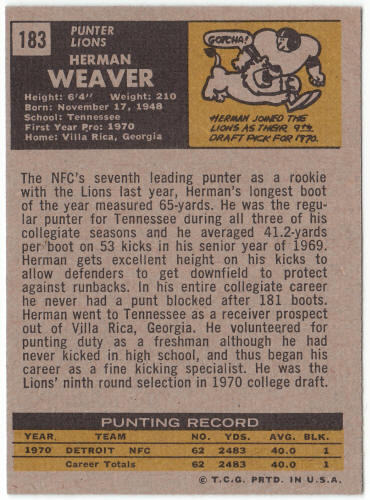 1971 Topps Football #183 Herman Weaver Rookie Card