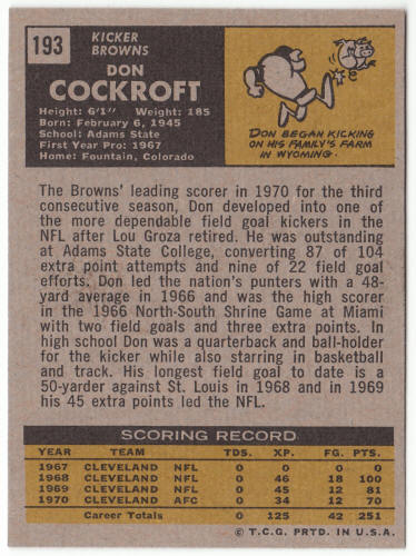 1971 Topps Football #193 Don Cockroft Rookie Card