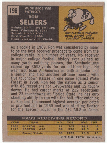 1971 Topps Football #196 Ron Sellers Rookie Card