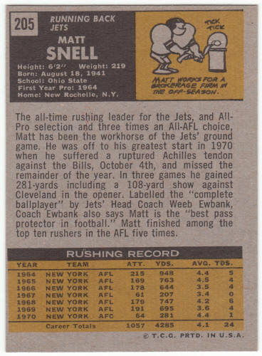 1971 Topps Football #205 Matt Snell