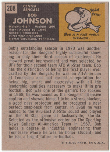 1971 Topps Football #208 Bob Johnson Rookie Card