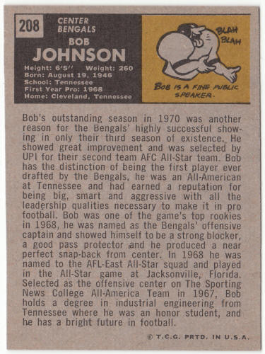 1971 Topps Football #208 Bob Johnson Rookie Card