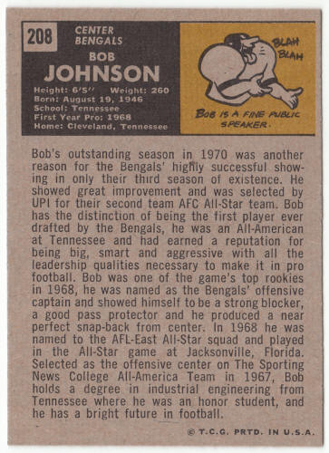 1971 Topps Football #208 Bob Johnson Rookie Card