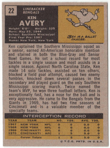 1971 Topps Football #22 Ken Avery Rookie Card