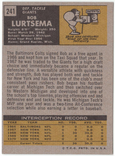 1971 Topps Football #241 Bob Lurtsema