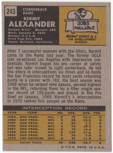 1971 Topps Football #243 Kermit Alexander