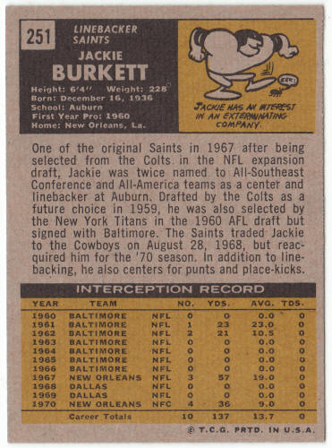 1971 Topps Football #251 Jackie Burkett