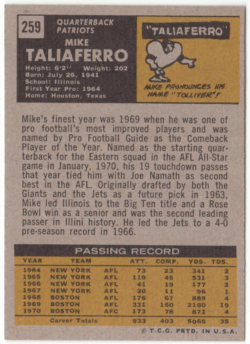 1971 Topps Football #259 Mike Taliaferro