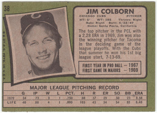1971 Topps Baseball #38 Jim Colborn Rookie Card