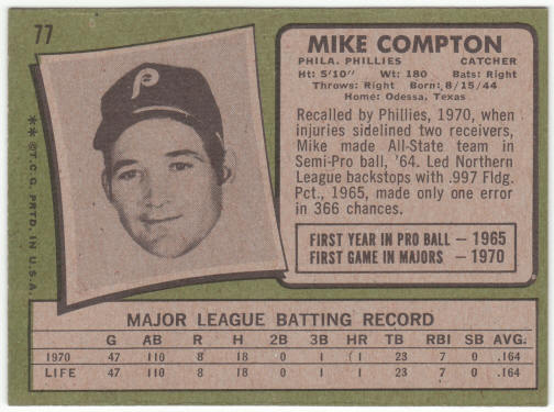 1971 Topps Baseball #77 Mike Compton Rookie Card