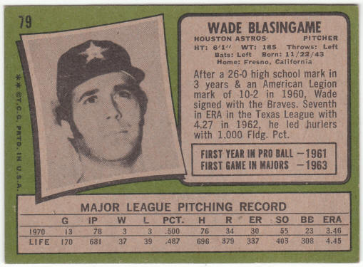 1971 Topps Baseball #79 Wade Blasingame back