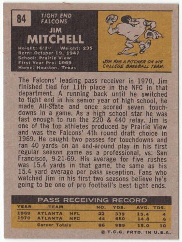 1971 Topps Football #84 Jim Mitchell Rookie Card