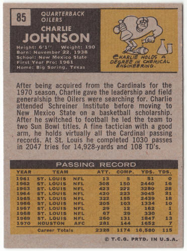 1971 Topps Football #85 Charley Charlie Johnson