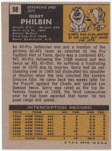 1971 Topps Football #98 Gerry Philbin