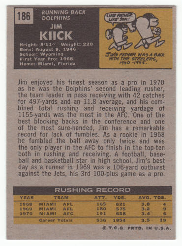 1971 Topps Football Jim Kiick #186 rookie back