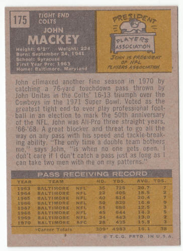 1971 Topps Football #175 John Mackey back