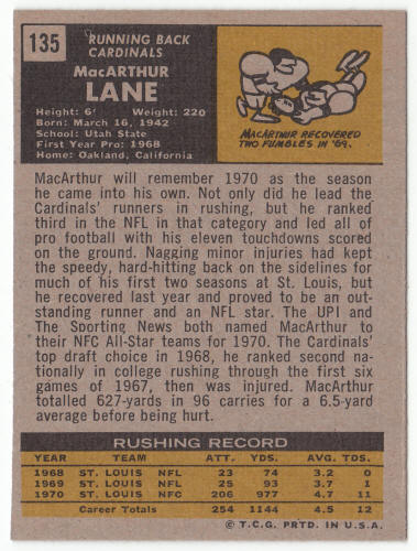 1971 Topps #135 MacArthur Lane Rookie Card back