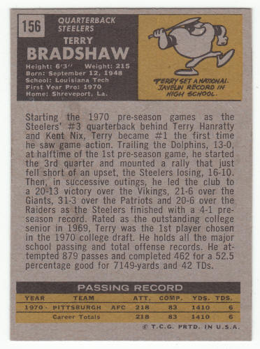 1971 Topps Football Terry Bradshaw #156 rookie back