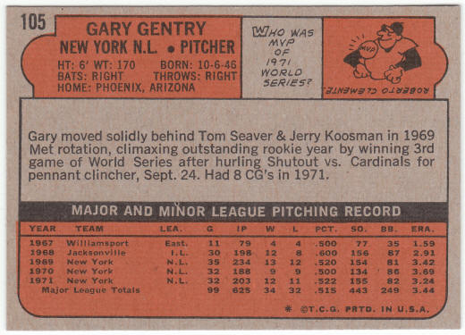 1972 Topps Baseball #105 Gary Gentry