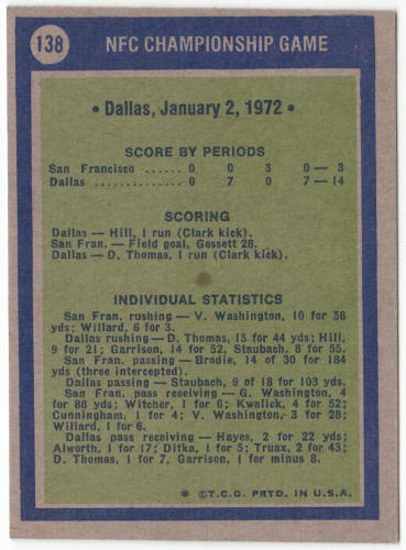 1972 Topps #138 NFC Championship Game Bob Lilly