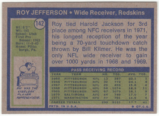1972 Topps Football #142 Roy Jefferson