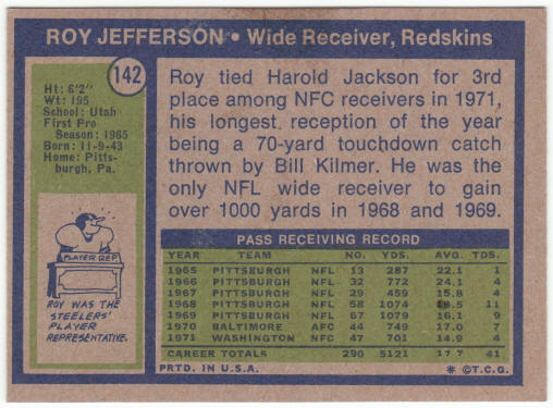1972 Topps Football #142 Roy Jefferson