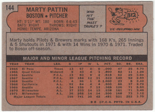 1972 Topps Baseball #144 Marty Pattin
