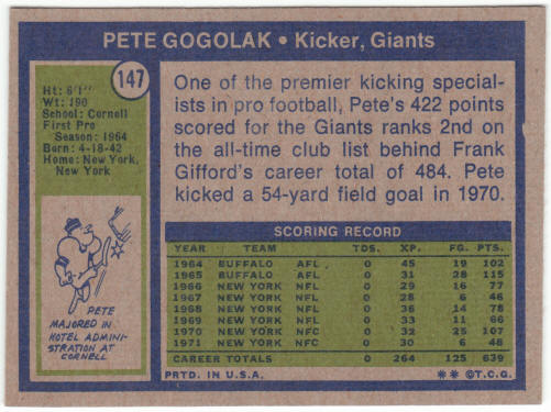 1972 Topps Football #147 Pete Gogolak