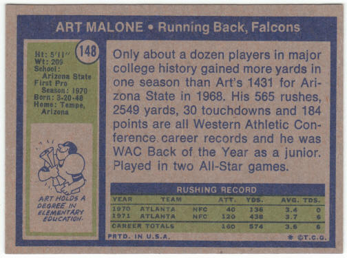 1972 Topps Football #148 Art Malone Rookie Card