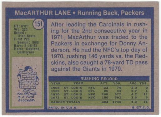 1972 Topps Football #151 MacArthur Lane