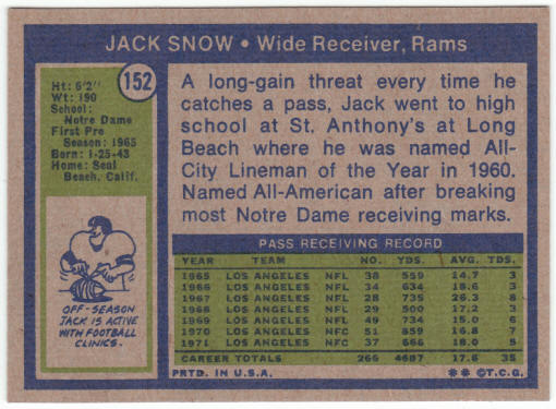 1972 Topps Football #152 Jack Snow