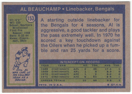 1972 Topps Football #153 Al Beauchamp Rookie Card
