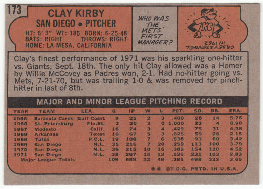 1972 Topps Baseball #173 Clay Kirby