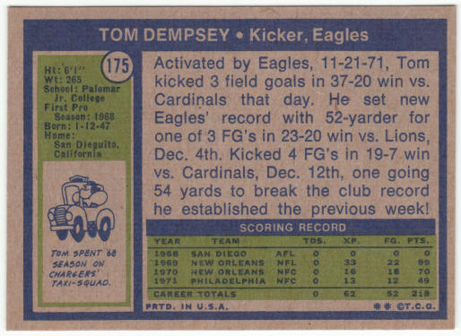 1972 Topps Football #175 Tom Dempsey