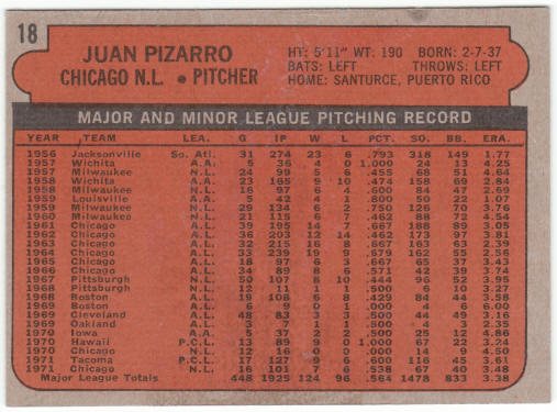 1972 Topps Baseball #18-A Juan Pizarro