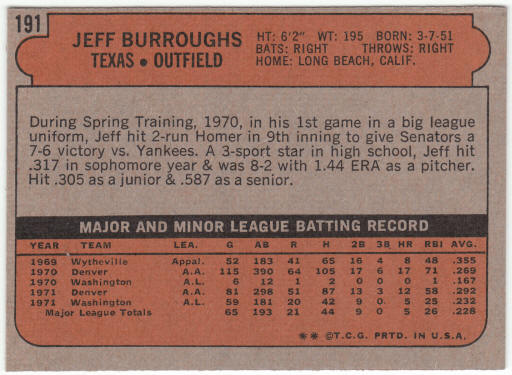 1972 Topps Baseball #191 Jeff Burroughs Rookie Card