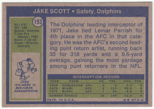 1972 Topps Football #193 Jake Scott