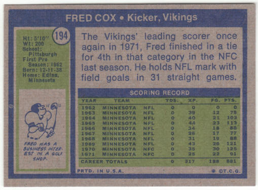 1972 Topps Football #194 Fred Cox