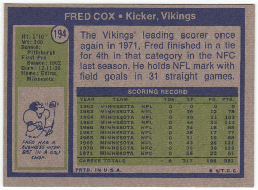 1972 Topps Football #194 Fred Cox