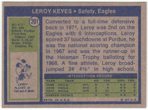 1972 Topps Football #201 Leroy Keyes Rookie Card