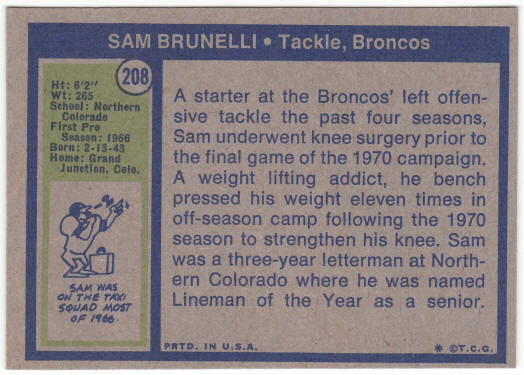 1972 Topps Football #208 Sam Brunelli