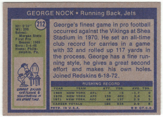 1972 Topps Football #212 George Nock Rookie Card